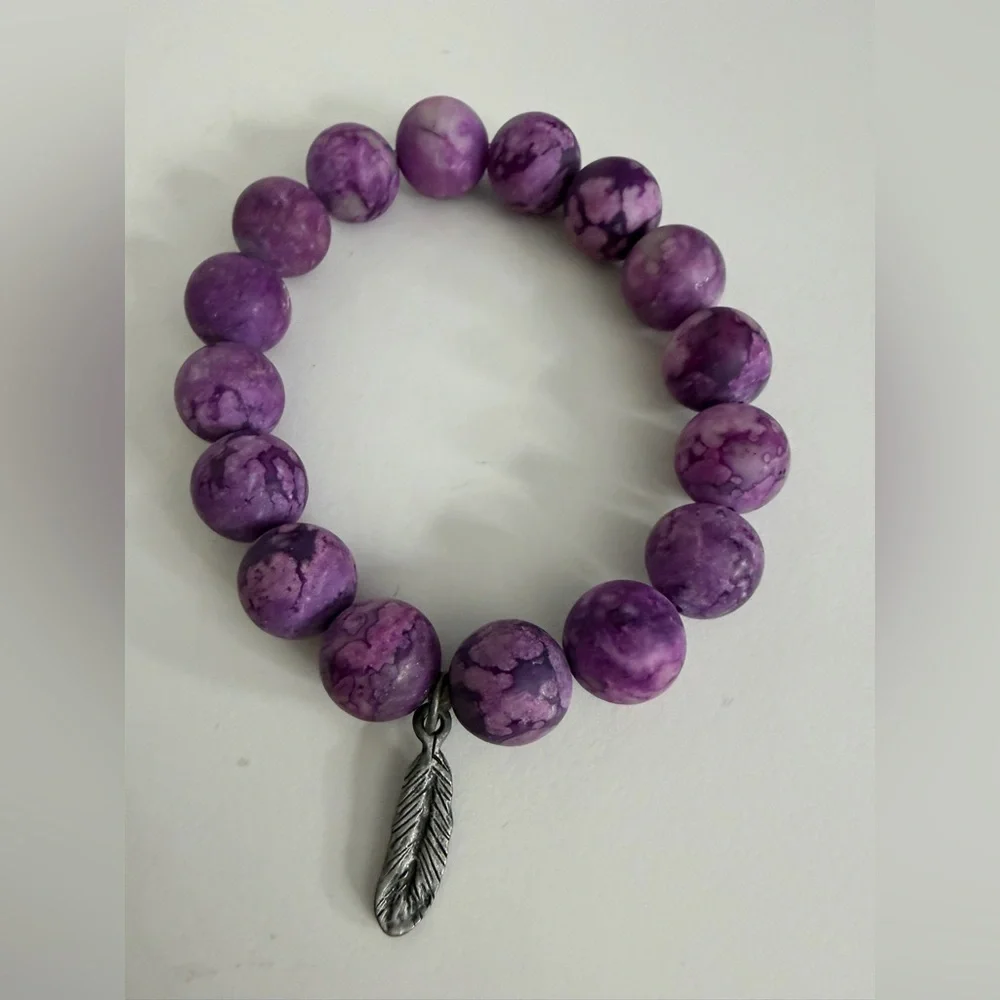 Purple Beaded Bracelet with Feather Charm